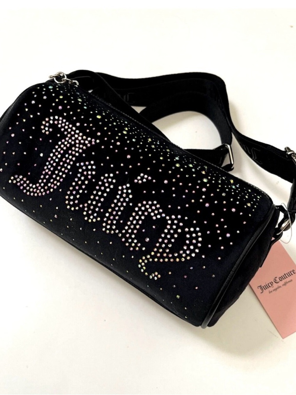 Juicy Couture Black Velvet Barrel Bag Roll with Iridescent Crystals Rhinestones